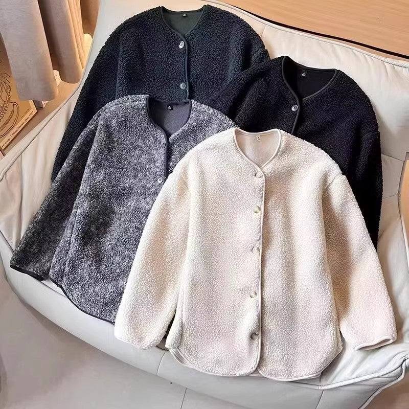 Japanese Single Women'S Imitation Lamb Fleece Fleece Casual Cardigan Long Sleeve Warm Coat 470139 - Image 2